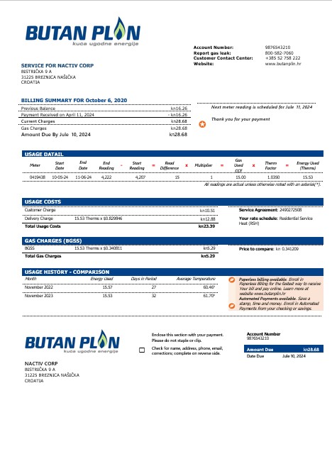Croatia BUTAN PLIN doo gas business utility bill template in word and pfd formats PSD template
